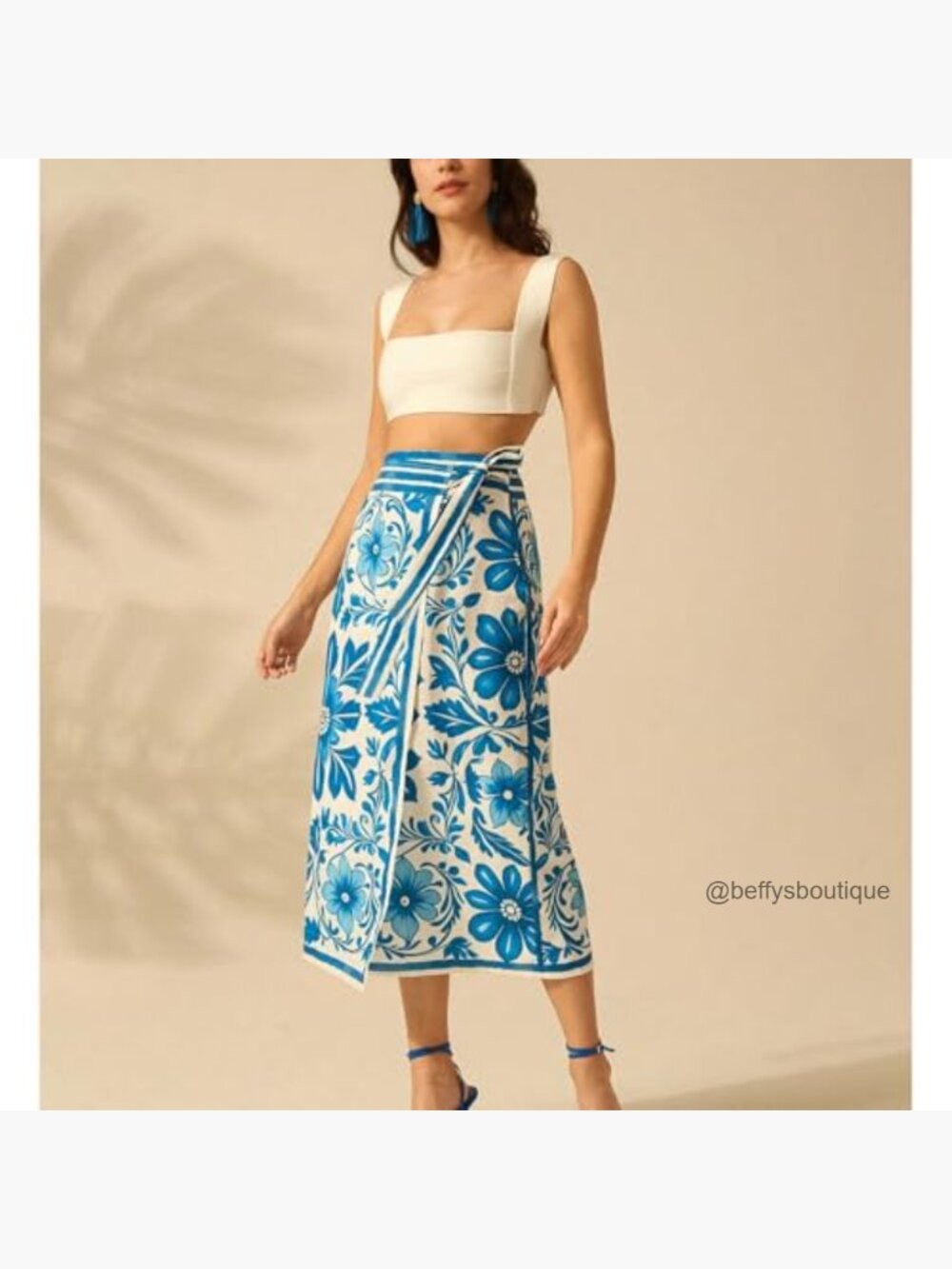 Floral Wrap Midi Skirt High Waist A-Line Boho Flared Side Tie - Picture 5 of 7